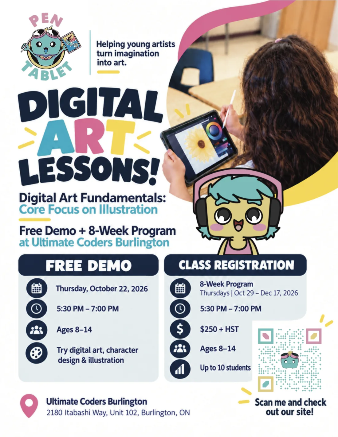 Pen & Tablet and Ultimate Coders Burlington Digital Art Lessons flyer