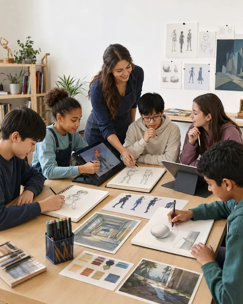 Students developing traditional and digital artwork in a guided art class