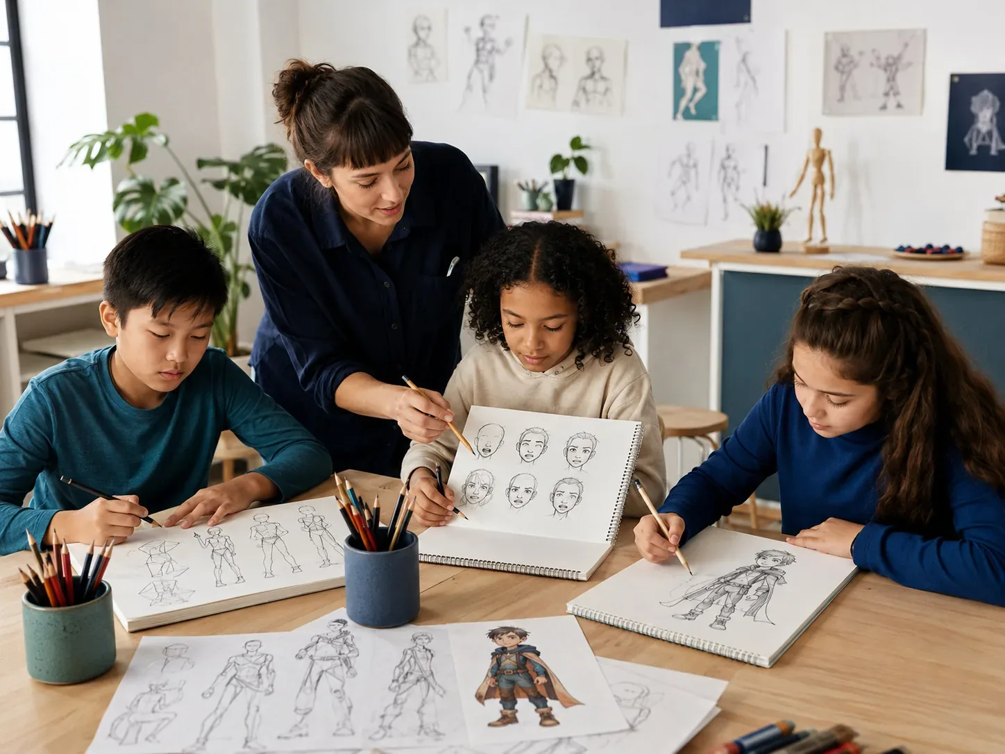 Students developing traditional drawings, characters and comic art